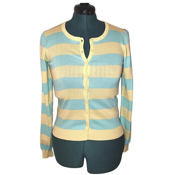 POOL Women's M Cotton Blue & Yellow Striped Preppy Girlyhood Cardigan Sweater - Picture 1 of 7